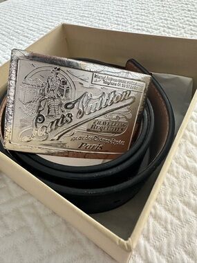 Louis Vuitton Silver-Tone Engraved Plaque Belt with Brown Leather